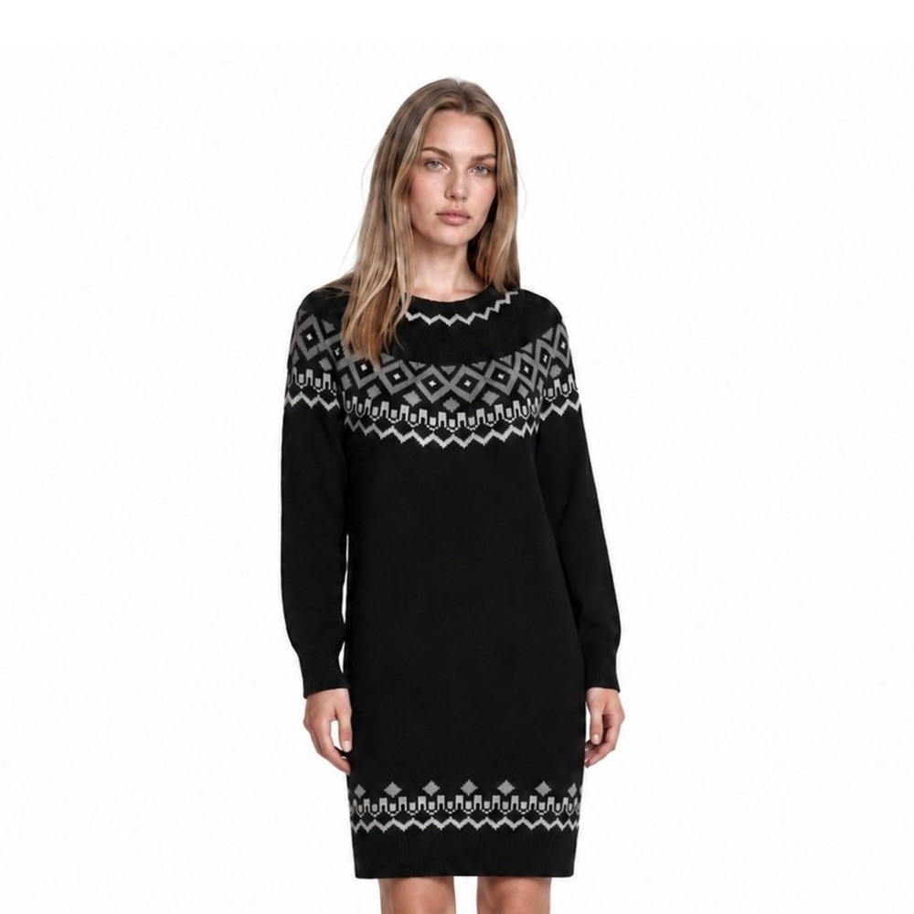 NEW Loft Sweater Dress Women's Medium Petite MP‎ Black Fair Isle Knit Nordic